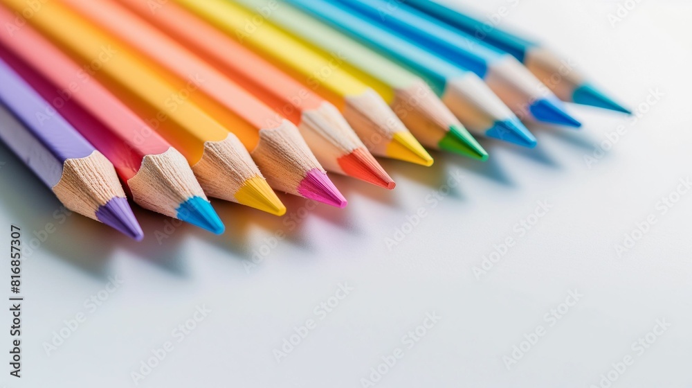 Close-up of colored pencils arranged in a row on a white background. Close-up of colored pencils arranged in a row on a white background.