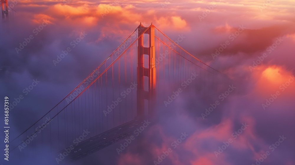 Obraz premium Aerial view of a bridge emerging through fog at sunrise.