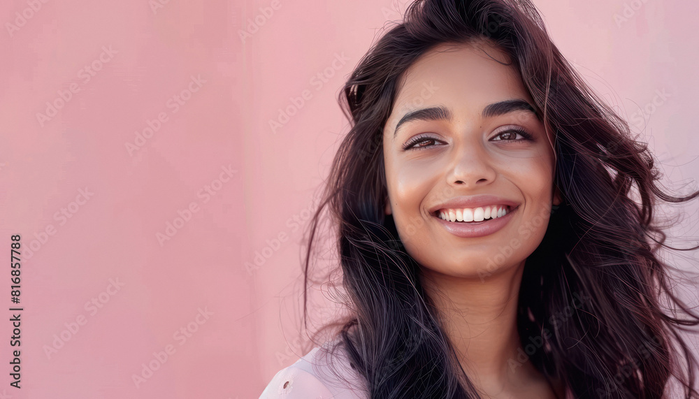 Young beautiful indian woman smiling on pink background Young beautiful indian woman smiling on pink background
