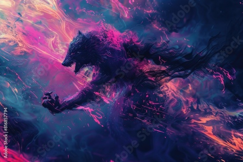 A wolf running through a colorful cloud. Suitable for various design projects