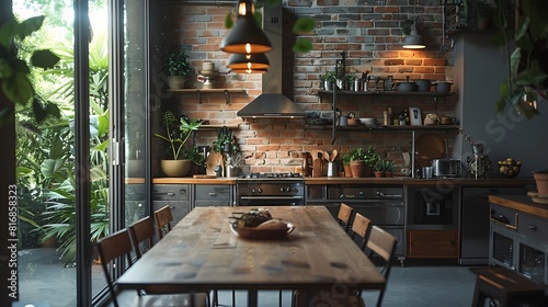 Minimalist kitchen in modern style. table and chairs made in industrial material. photo