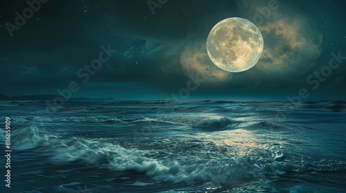 Beautiful landscape on the sea with a big moon that illuminates