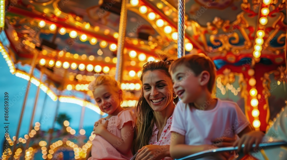 Happy children and family in amusement park at carousel