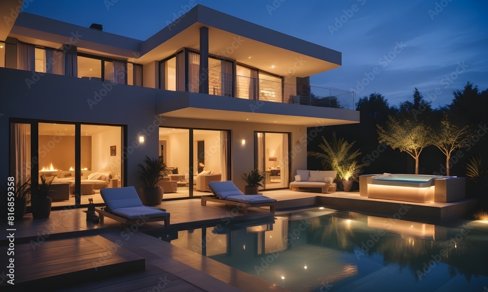 A modern luxury villa with a swimming pool and outdoor lounge area at night. The villa has a unique architectural design with large windows. The outdoor area features comfortable lounge chairs with 