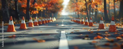 A row of orange traffic cones lined up neatly on a road. This image highlights the concept of road safety and construction work, showcasing traffic management and hazard warning equipment.