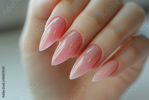  Close-up of a woman s nails with elegant neutral-colored gel polish  reflecting beauty and style.        