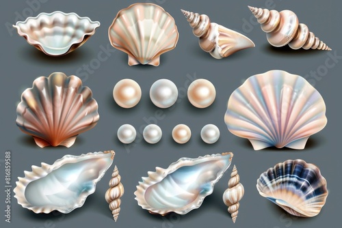 A variety of seashells displayed on a neutral gray background. Ideal for beach-themed designs