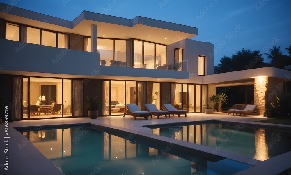Fototapeta premium A modern luxury villa with a swimming pool and outdoor lounge area at night. The villa has a unique architectural design with large windows. The outdoor area features comfortable lounge chairs with 