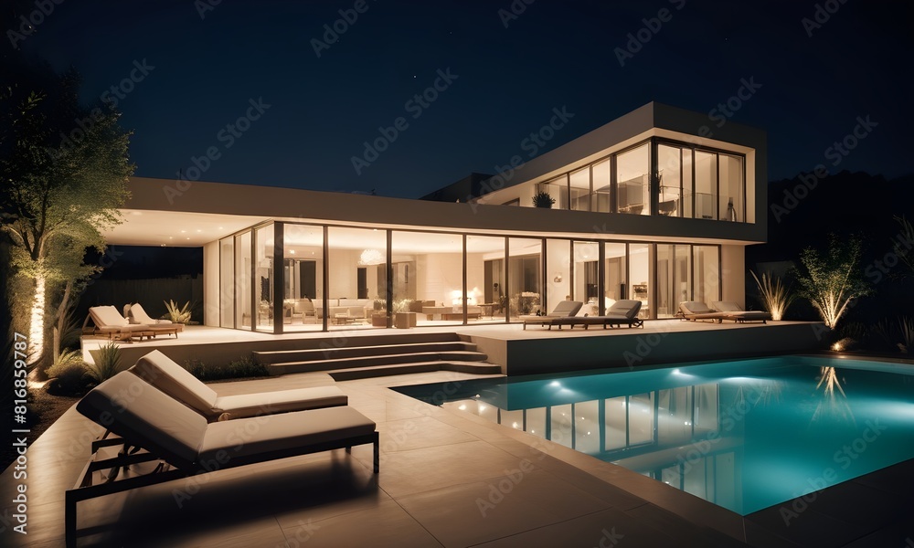 A modern luxury villa with a swimming pool and outdoor lounge area at night. The villa has a unique architectural design with large windows. The outdoor area features comfortable lounge chairs with A modern luxury villa with a swimming pool and outdoor lounge area at night. The villa has a unique architectural design with large windows. The outdoor area features comfortable lounge chairs with