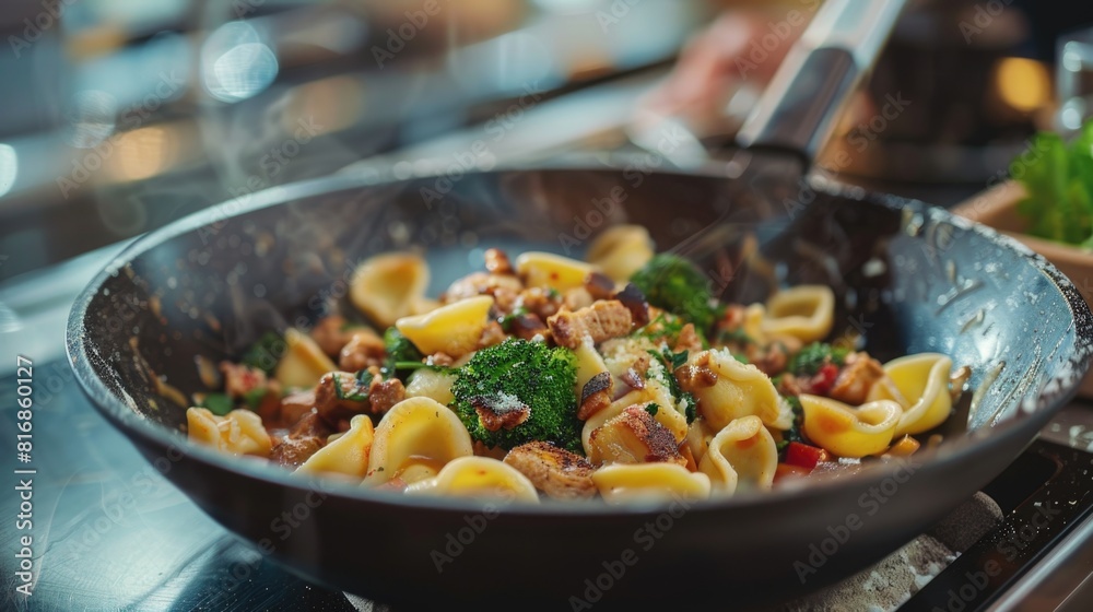 A delicious pan of pasta with broccoli and meat, perfect for food-related projects A delicious pan of pasta with broccoli and meat, perfect for food-related projects