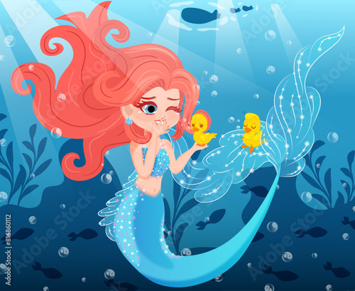 Mermaid Playing with Little Ducklings - Cartoon Ocean Scene 