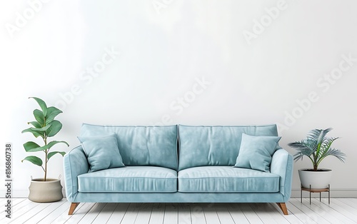 Modern interior design of living room with light blue sofa and white wall background mock up