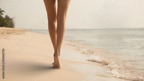 Piernas de mujer caminando por la arena de la playa en verano