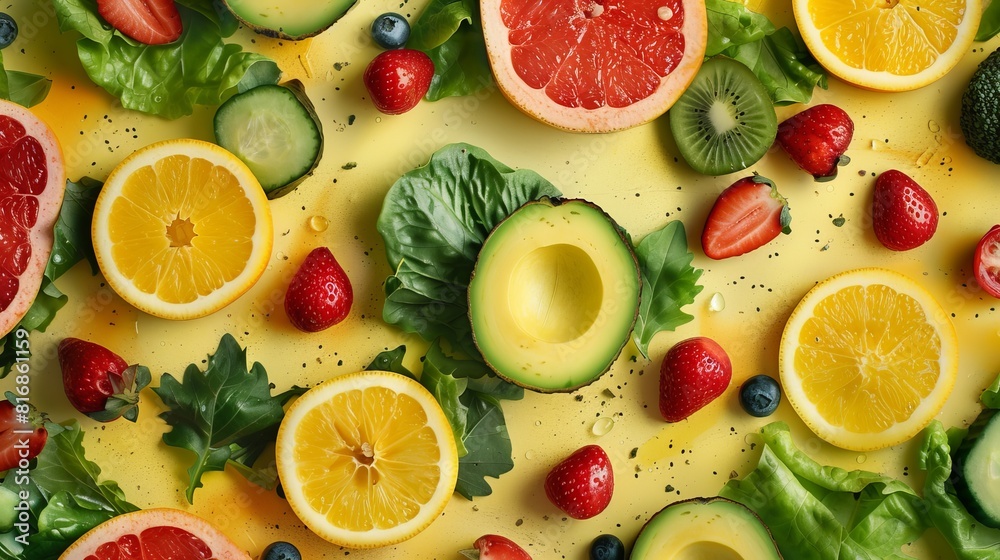 Sun-Drenched Bounty: a Rainbow of Sliced Fruits and Vegetables on Yellow Sun-Drenched Bounty: a Rainbow of Sliced Fruits and Vegetables on Yellow