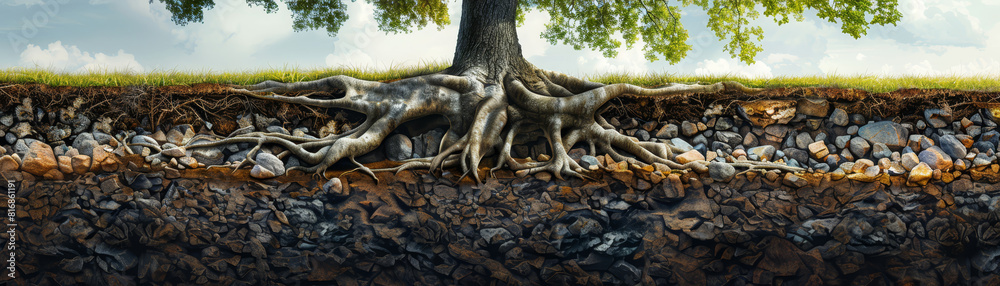 Cross-section illustration of a tree and its extensive root system, demonstrating the hidden strength and complexity beneath the surface. Cross-section illustration of a tree and its extensive root system, demonstrating the hidden strength and complexity beneath the surface.
