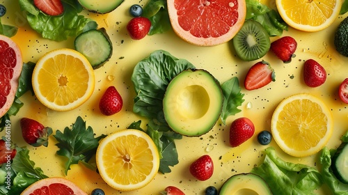 Sun-Drenched Bounty: a Rainbow of Sliced Fruits and Vegetables on Yellow