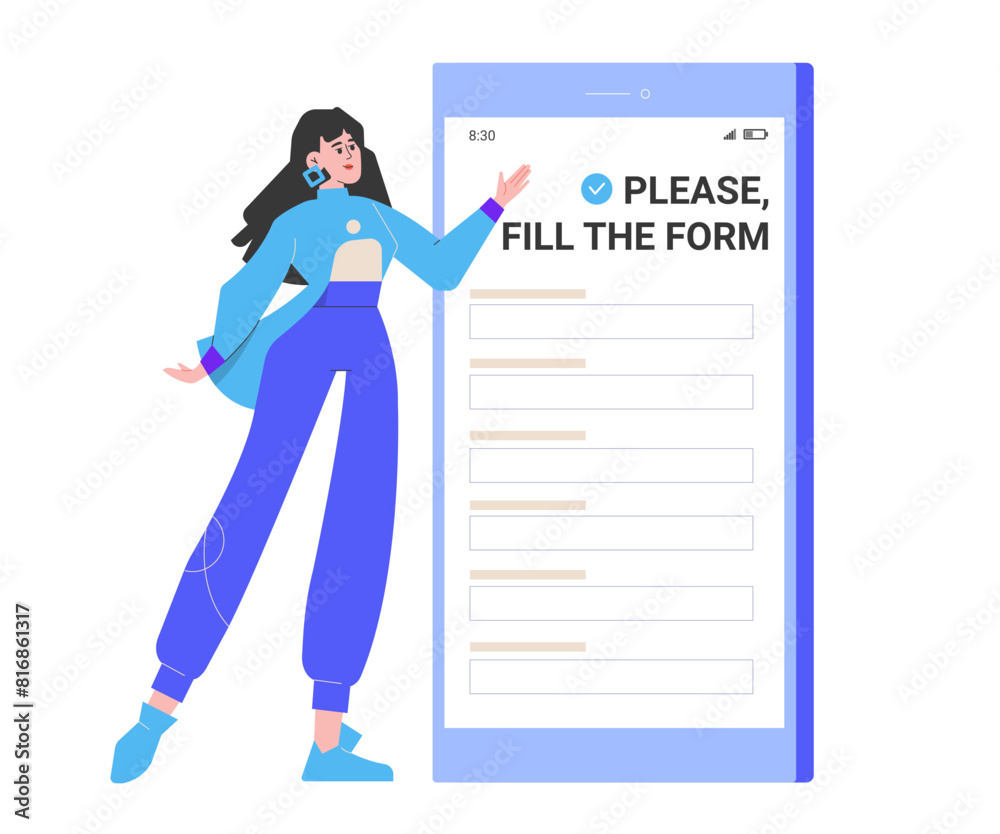 The girl points to a giant smartphone asking to fill out a form. Request in the mobile application. Vector flat illustration. The girl points to a giant smartphone asking to fill out a form. Request in the mobile application. Vector flat illustration.
