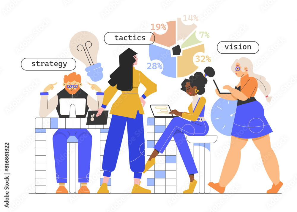 Colleagues work together in a coworking space surrounded by graphs and statistics.. The guys are sitting with laptops at their desk. Discussion, brainstorming, problem solving. Digital team. Vector.