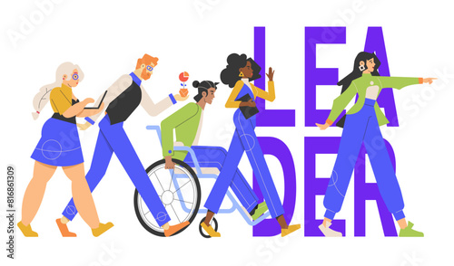 The startup team follows their leader. Group of colleagues. Diversity. Women and men are moving towards the same goal. Successful project, teamwork. Vector flat illustration with characters.