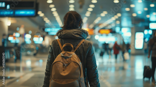 Embark on a journey with eco-conscious travelers wandering through the airport, embracing sustainable tourism. Discover green mobility with AI generative technology. photo