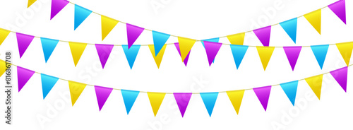 Bunting flags, carnival party flags, festive pennants hanging on a rope. Festival vector decoration.