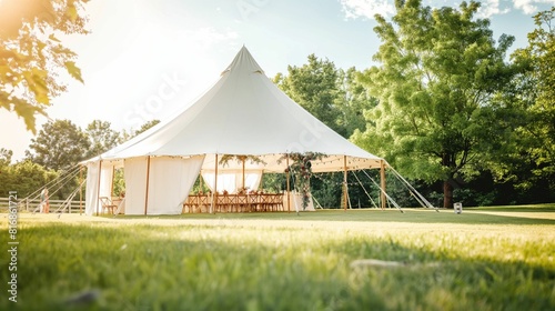 Outdoor event tent set up on a sunny day in a lush garden.