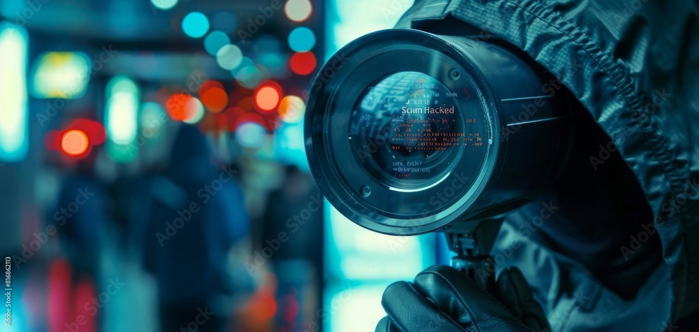 A security camera lens zooms in on a hooded figure typing code, with the words A security camera lens zooms in on a hooded figure typing code, with the words