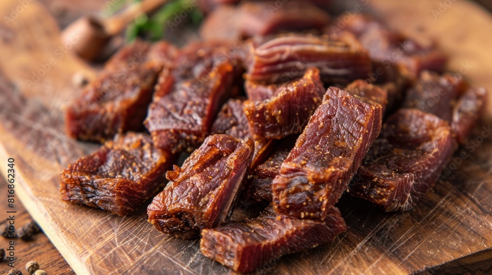 sliced pork jerky chunks on a chopping board sliced pork jerky chunks on a chopping board