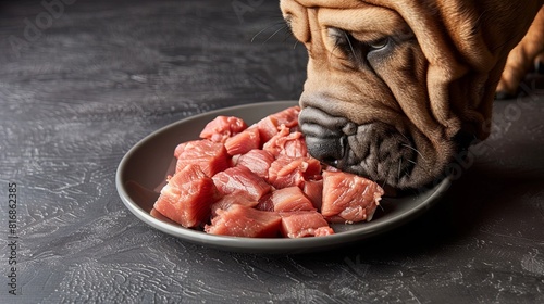 Close-up of a dog examining raw salmon cubes on a plate