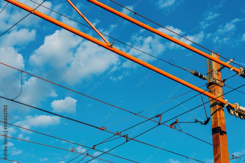 Fototapeta premium Image of power lines and wires against a clear blue sky. Suitable for energy or technology concepts