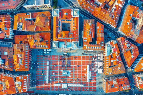 Top view of the ancient houses of old town of Valladolid and Spain. Red roofs of the ancient city