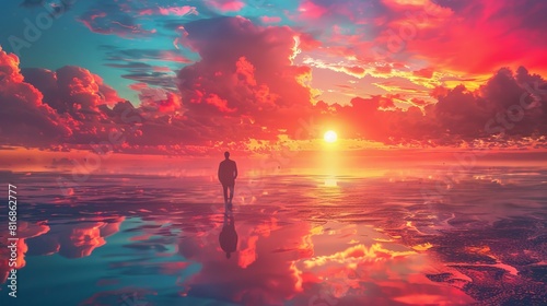 Person Standing on Beach at Colorful Sunset