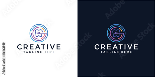 modern line art Dental care logo design template.