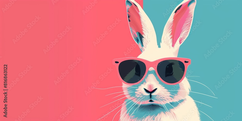 Rabbit Wearing Sunglasses on Pink and Blue Background