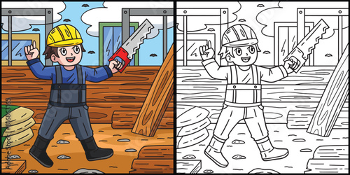 Construction Worker with a Hand Saw Illustration