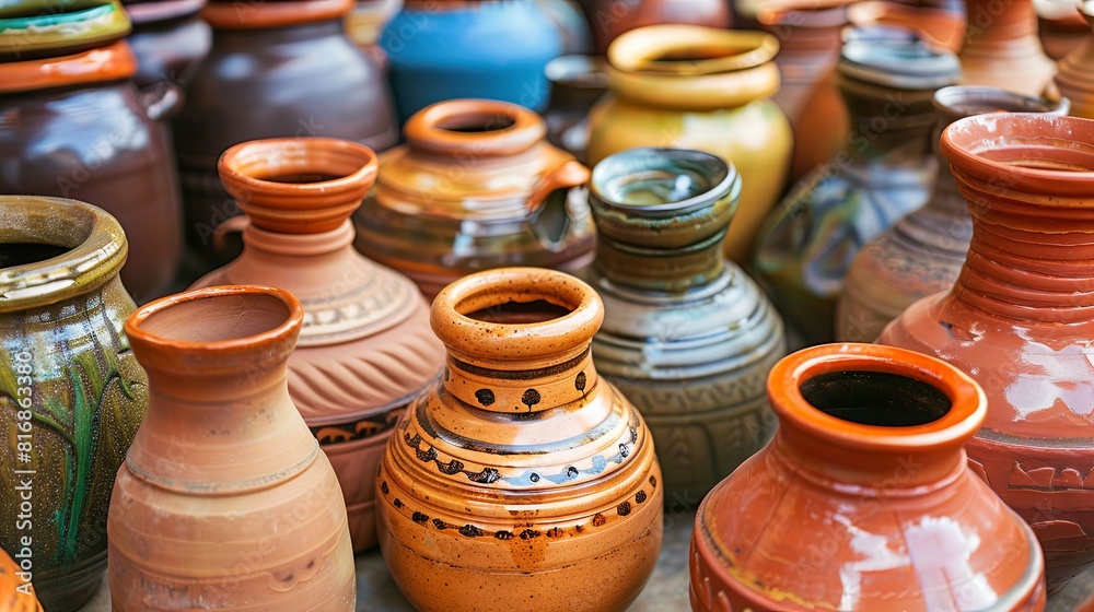 Vibrant handmade pottery collection on display at market