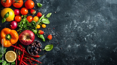 Lush Harvest: Vibrant Fruits and Veggies Dance on Dark Canvas