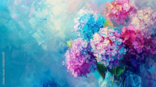 Colorful Hydrangea Flowers in Vase on Blue Background