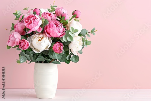 Elegant Peony Bouquet in White Vase on Pink Background