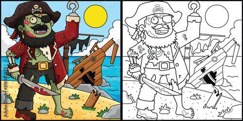 Zombie Pirate Captain Coloring Page Illustration
