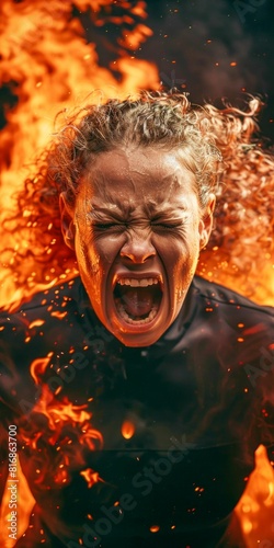 Emotional Woman Yelling Amidst Flames. Generative ai