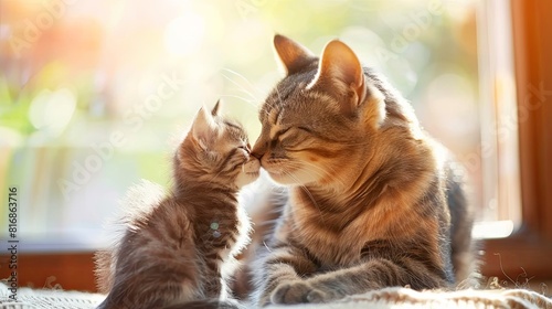 Tender moment between mother cat and kitten in warm sunlight