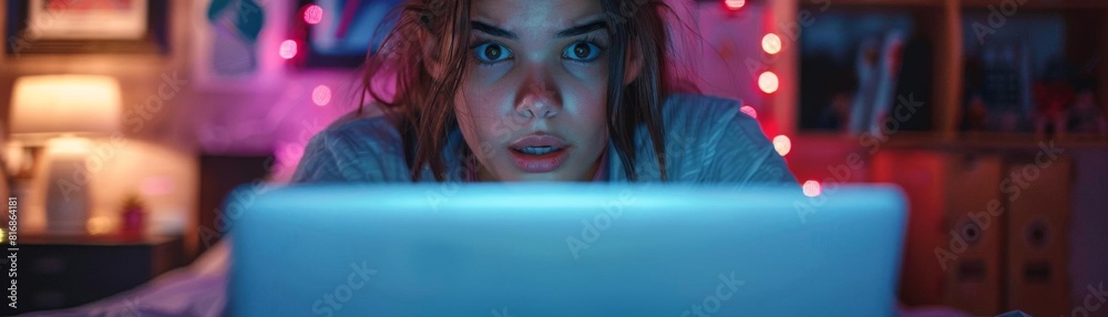 Teenager looking shocked by a security alert on her laptop, bedroom setting with posters in the background Teenager looking shocked by a security alert on her laptop, bedroom setting with posters in the background