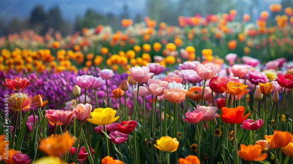 Colorful Tulip Field With Mountains Background
