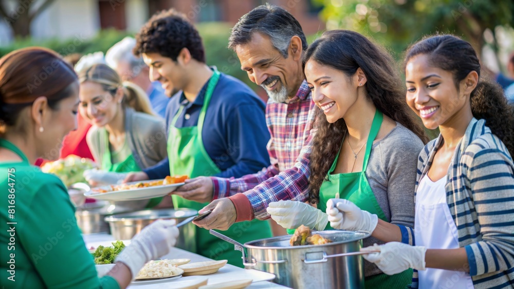 Volunteers close up are serving meal to homeless Volunteers close up are serving meal to homeless