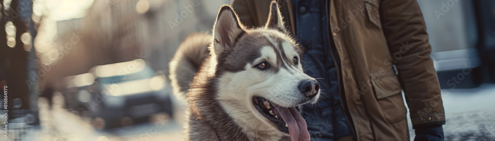 A happy Siberian Husky on a leash taking a walk during a beautiful sunset, with its owner in the background, enjoying the evening glow. A happy Siberian Husky on a leash taking a walk during a beautiful sunset, with its owner in the background, enjoying the evening glow.