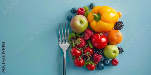 Whimsical Array: Plate of Fruits and Fork on Blue