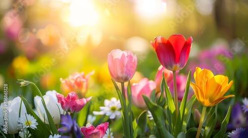 Vibrant Tulips and Daisies Blooming in Spring