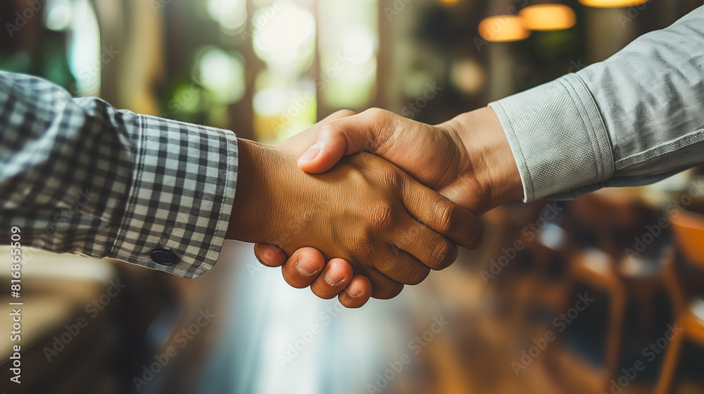 Two people shaking hands in a business setting Two people shaking hands in a business setting
