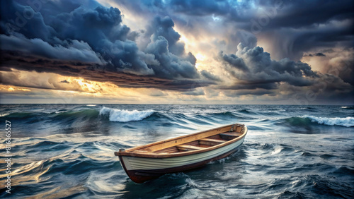 Rowboat sailing on the stormy sea